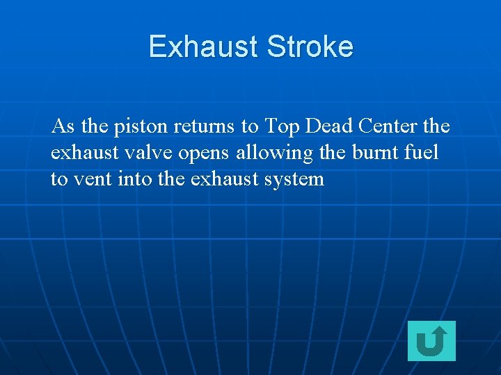 Exhaust Stroke As the piston returns to Top Dead Center the exhaust valve opens