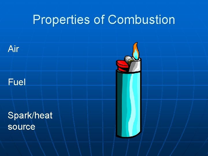 Properties of Combustion Air Fuel Spark/heat source 