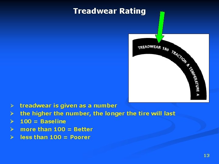 Treadwear Rating Ø Ø Ø treadwear is given as a number the higher the