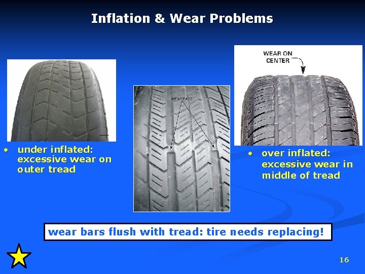Inflation & Wear Problems • under inflated: excessive wear on outer tread • over