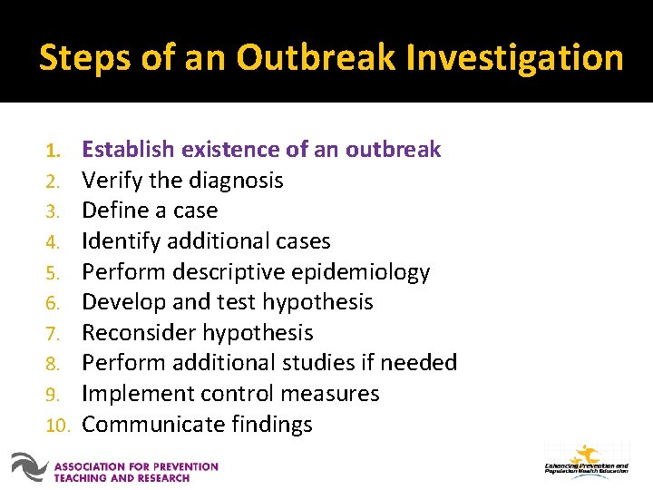 Steps of an Outbreak Investigation 1. 2. 3. 4. 5. 6. 7. 8. 9.