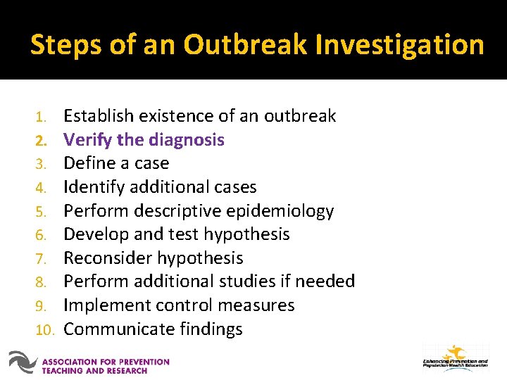 Steps of an Outbreak Investigation 1. 2. 3. 4. 5. 6. 7. 8. 9.