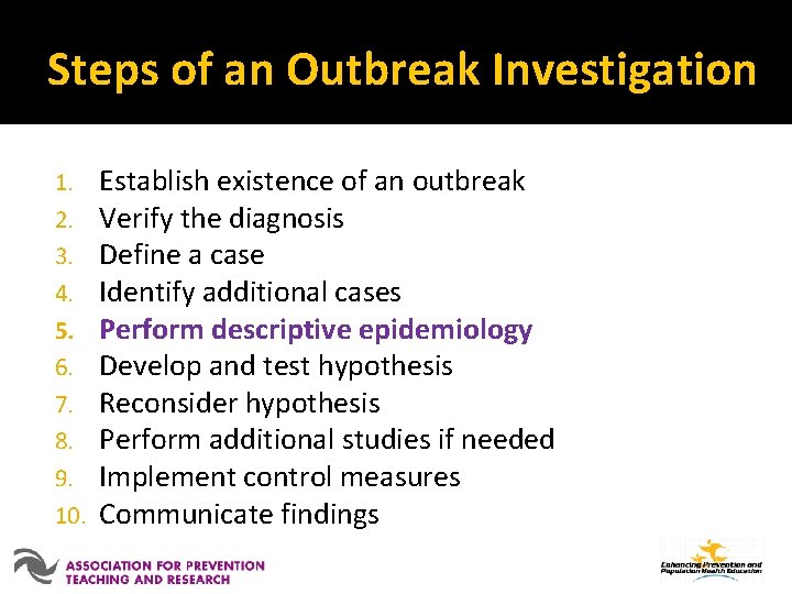 Steps of an Outbreak Investigation 1. 2. 3. 4. 5. 6. 7. 8. 9.