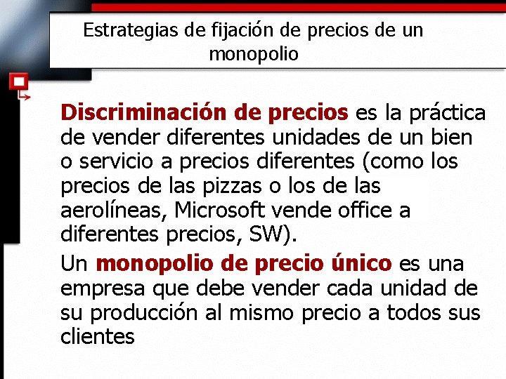 Estrategias de fijación de precios de un monopolio Discriminación de precios es la práctica
