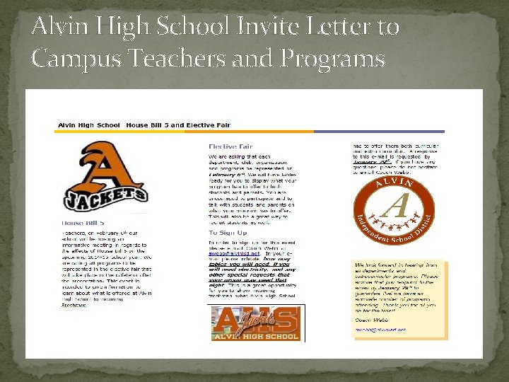 Alvin High School Invite Letter to Campus Teachers and Programs 
