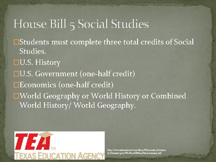 House Bill 5 Social Studies �Students must complete three total credits of Social Studies.