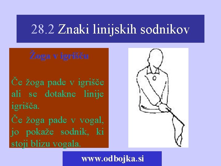 28. 2 Znaki linijskih sodnikov Žoga v igrišču Če žoga pade v igrišče ali