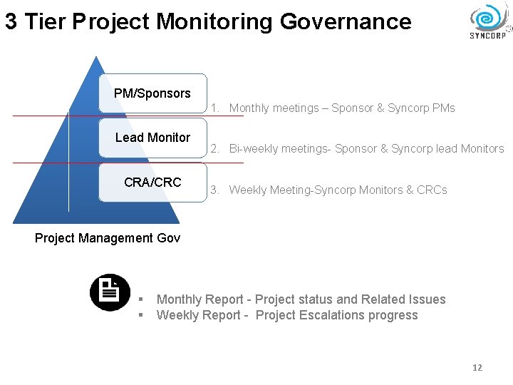 3 Tier Project Monitoring Governance PM/Sponsors 1. Monthly meetings – Sponsor & Syncorp PMs