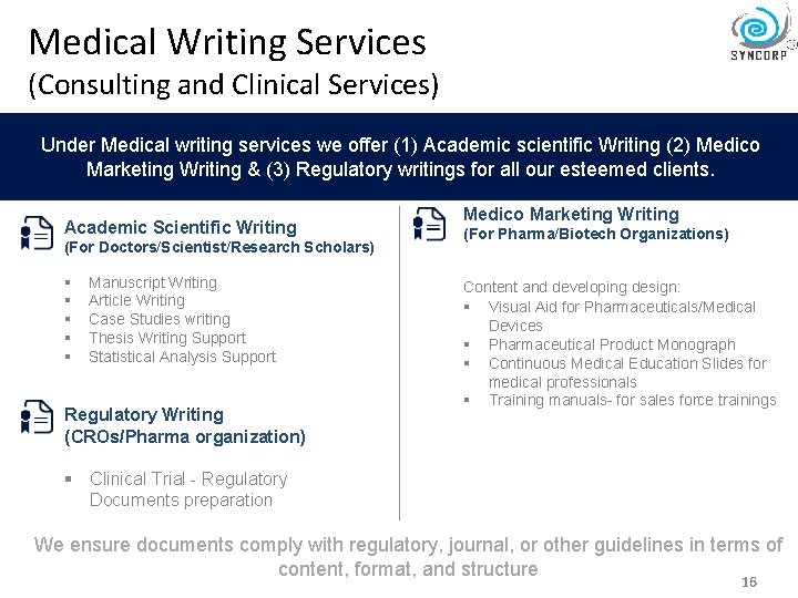 Medical Writing Services (Consulting and Clinical Services) Under Medical writing services we offer (1)