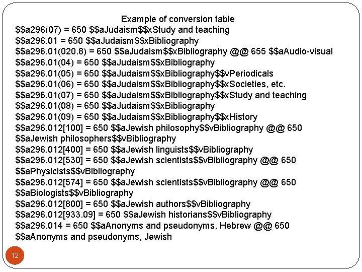 Example of conversion table $$a 296(07) = 650 $$a. Judaism$$x. Study and teaching $$a