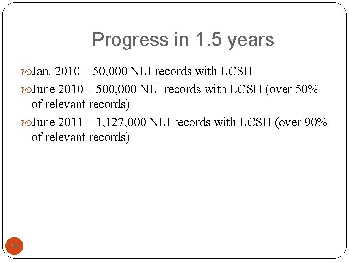 Progress in 1. 5 years Jan. 2010 – 50, 000 NLI records with LCSH