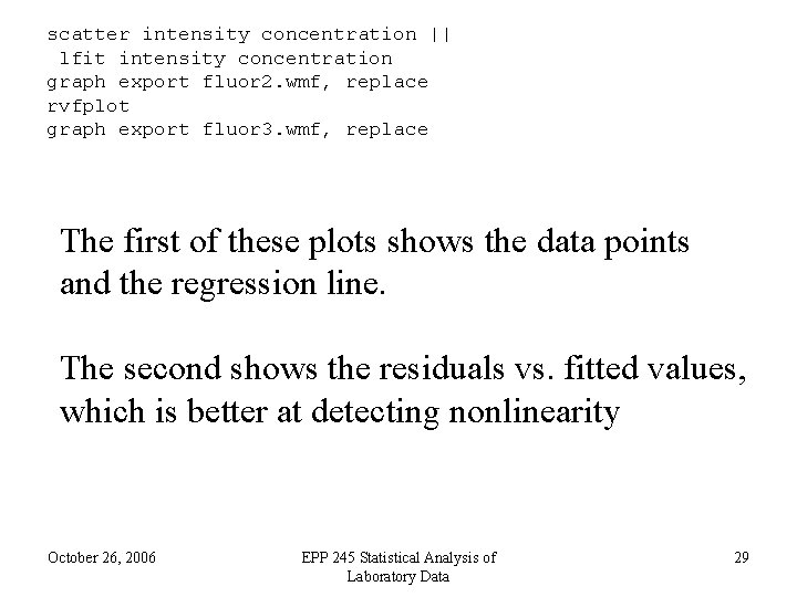 scatter intensity concentration || lfit intensity concentration graph export fluor 2. wmf, replace rvfplot