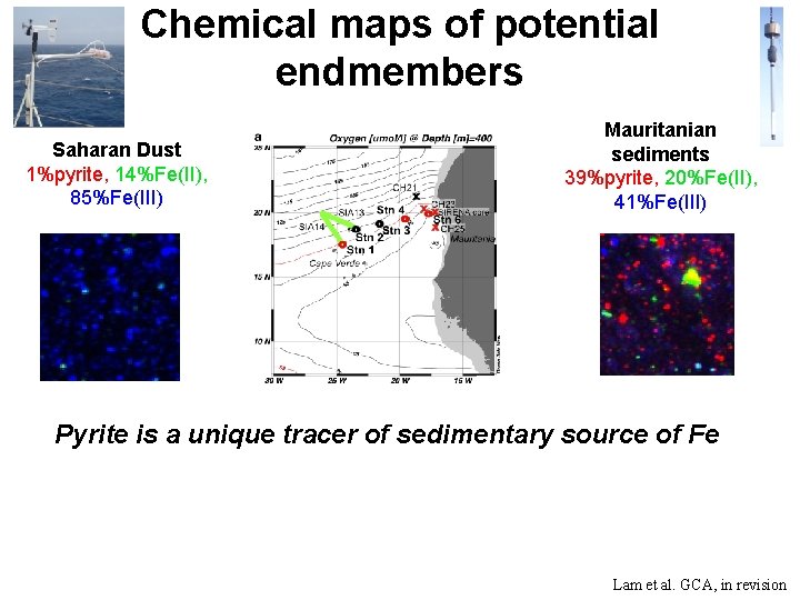 Chemical maps of potential endmembers Saharan Dust 1%pyrite, 14%Fe(II), 85%Fe(III) Mauritanian sediments 39%pyrite, 20%Fe(II),