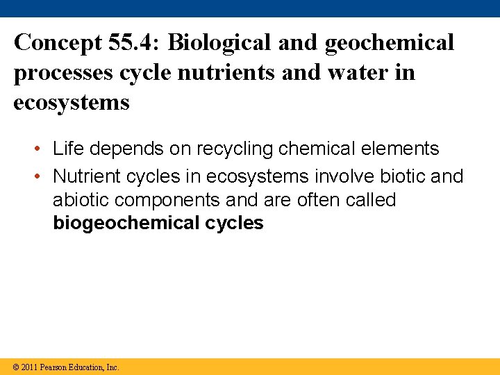 Concept 55. 4: Biological and geochemical processes cycle nutrients and water in ecosystems •