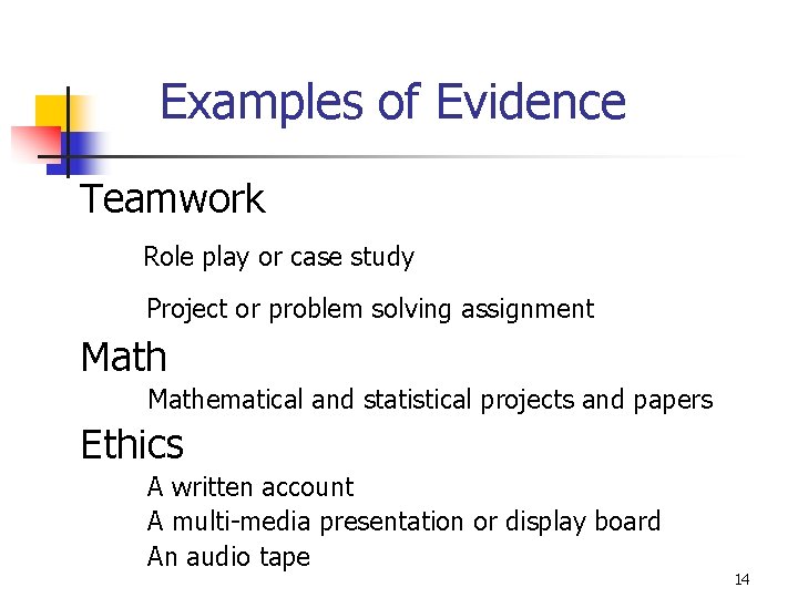 Examples of Evidence Teamwork Role play or case study Project or problem solving assignment