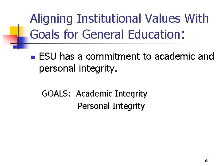 Aligning Institutional Values With Goals for General Education: n ESU has a commitment to