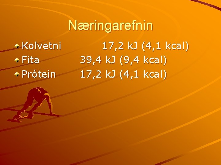 Næringarefnin Kolvetni Fita Prótein 17, 2 k. J (4, 1 kcal) 39, 4 k.