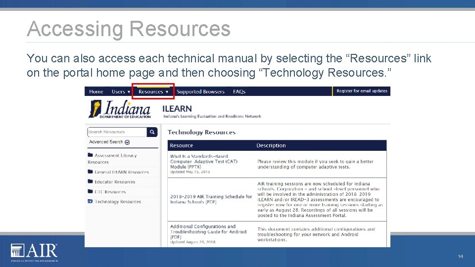 Accessing Resources You can also access each technical manual by selecting the “Resources” link