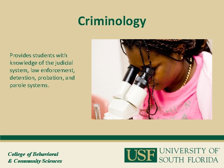 Criminology Provides students with knowledge of the judicial system, law enforcement, detention, probation, and