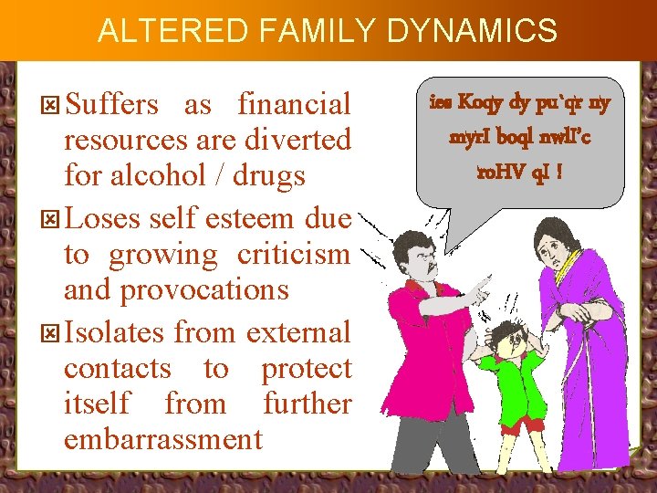 ALTERED FAMILY DYNAMICS ý Suffers as financial resources are diverted for alcohol / drugs