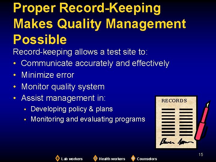 Proper Record-Keeping Makes Quality Management Possible Record-keeping allows a test site to: • Communicate
