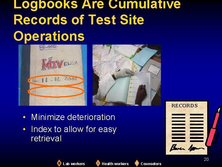 Logbooks Are Cumulative Records of Test Site Operations RECORDS • Minimize deterioration • Index