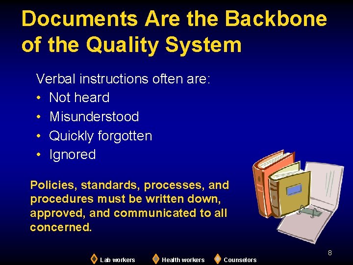 Documents Are the Backbone of the Quality System Verbal instructions often are: • Not