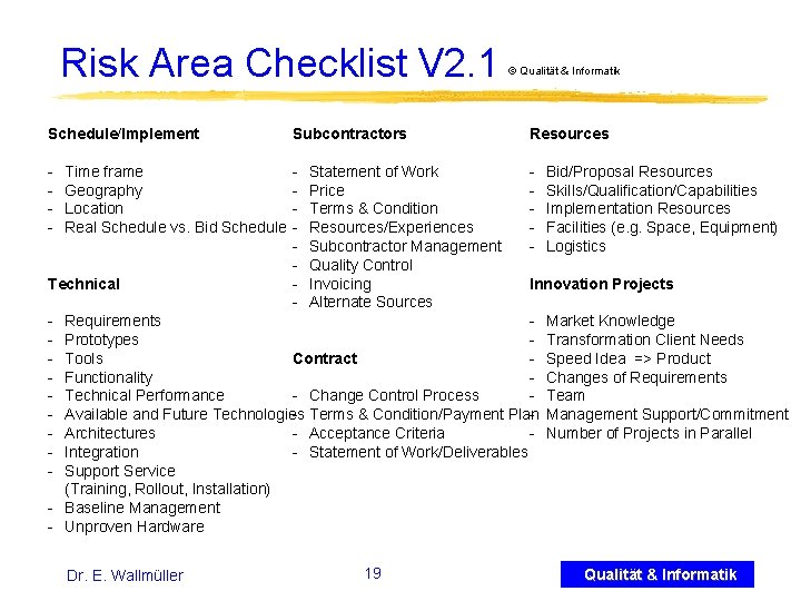 Risk Area Checklist V 2. 1 © Qualität & Informatik Schedule/Implement Subcontractors Resources -