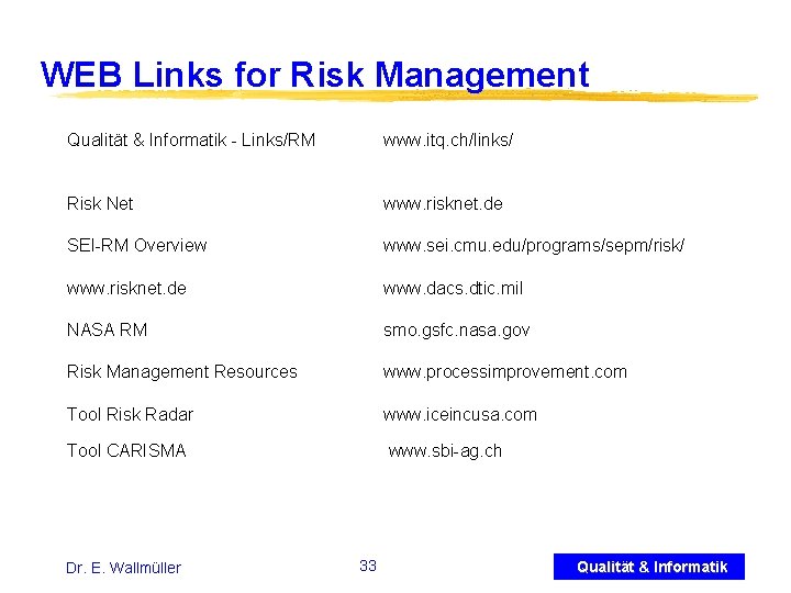 WEB Links for Risk Management Qualität & Informatik - Links/RM www. itq. ch/links/ Risk