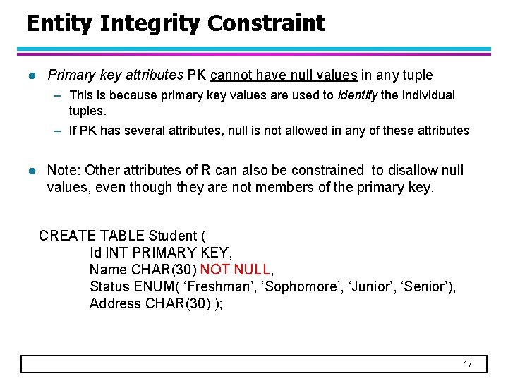Entity Integrity Constraint l Primary key attributes PK cannot have null values in any