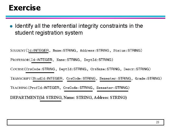 Exercise l Identify all the referential integrity constraints in the student registration system DEPARTMENT(Id: