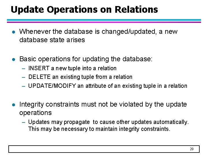 Update Operations on Relations l Whenever the database is changed/updated, a new database state