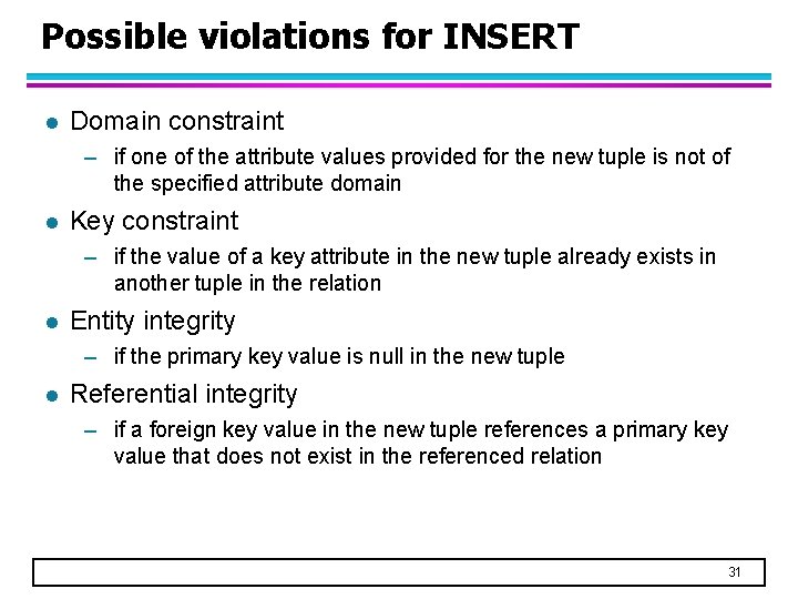 Possible violations for INSERT l Domain constraint – if one of the attribute values