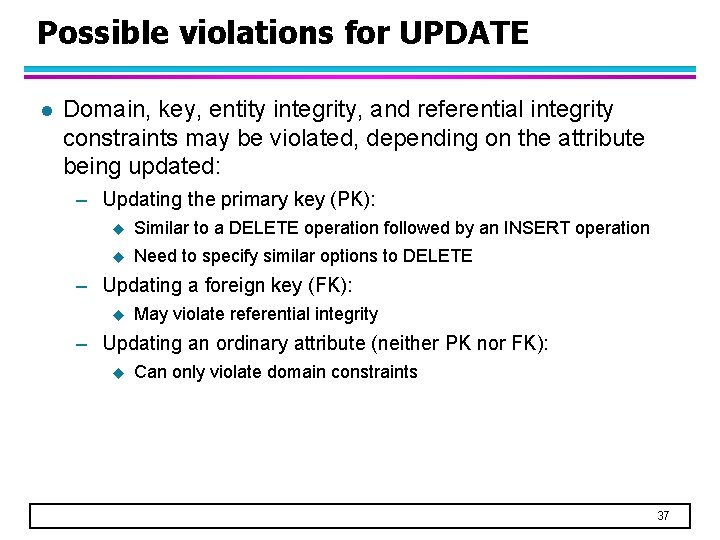 Possible violations for UPDATE l Domain, key, entity integrity, and referential integrity constraints may