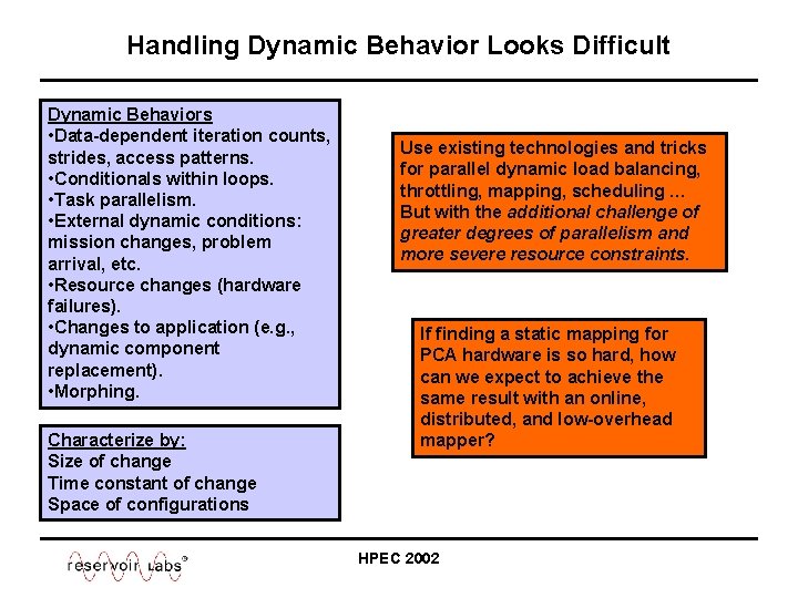 Handling Dynamic Behavior Looks Difficult Dynamic Behaviors • Data-dependent iteration counts, strides, access patterns.