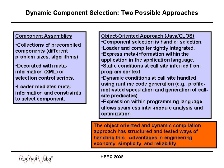 Dynamic Component Selection: Two Possible Approaches Component Assemblies • Collections of precompiled components (different