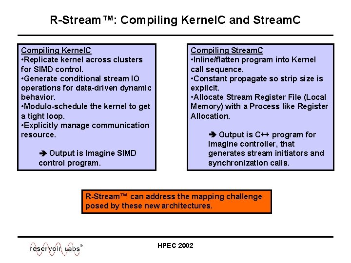 R-Stream™: Compiling Kernel. C and Stream. C Compiling Kernel. C • Replicate kernel across