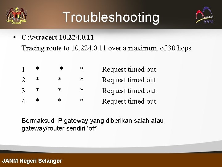 Troubleshooting • C: >tracert 10. 224. 0. 11 Tracing route to 10. 224. 0.