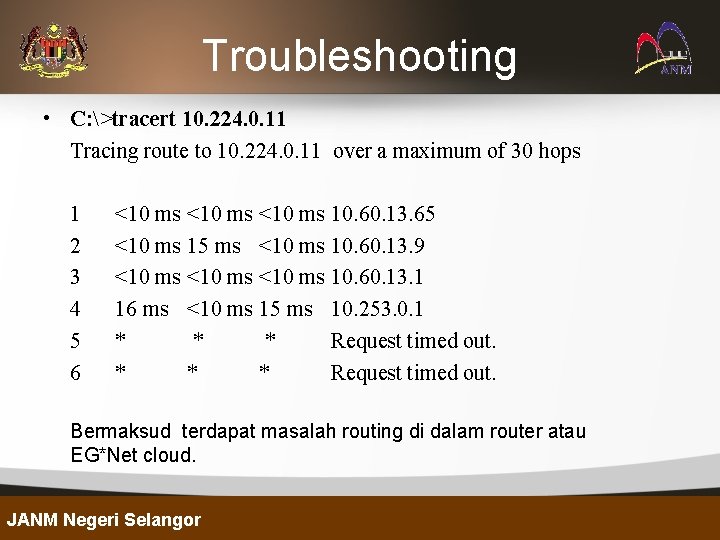 Troubleshooting • C: >tracert 10. 224. 0. 11 Tracing route to 10. 224. 0.