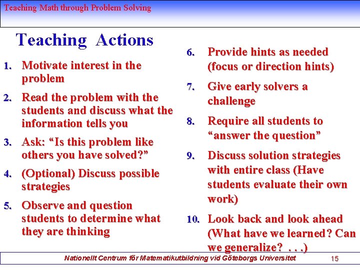 Teaching Math through Problem Solving Teaching Actions 6. Provide hints as needed (focus or