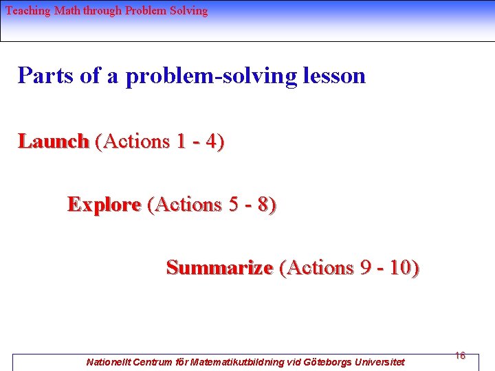 Teaching Math through Problem Solving Parts of a problem-solving lesson Launch (Actions 1 -