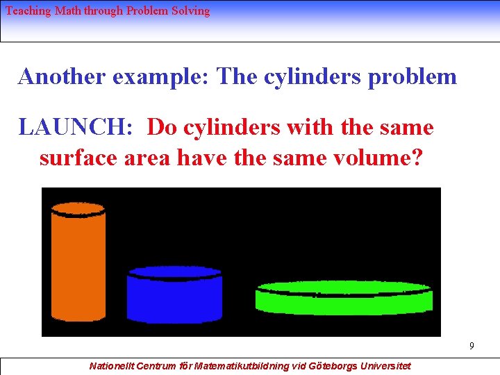 Teaching Math through Problem Solving Another example: The cylinders problem LAUNCH: Do cylinders with