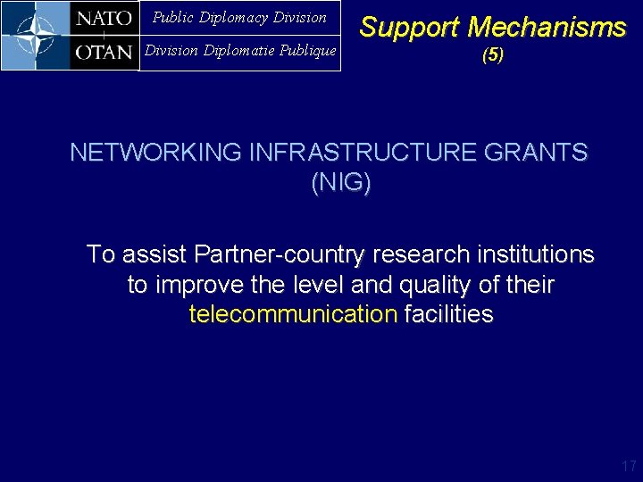 Public Diplomacy Division Diplomatie Publique Support Mechanisms (5 ) NETWORKING INFRASTRUCTURE GRANTS (NIG) To