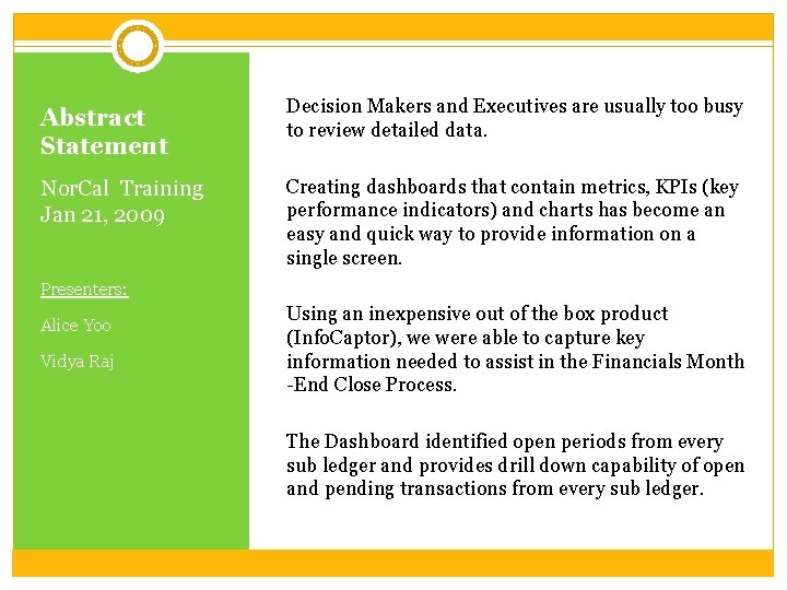 Abstract Statement Decision Makers and Executives are usually too busy to review detailed data.