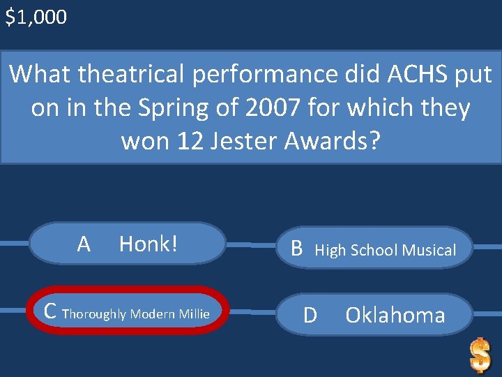 $1, 000 What theatrical performance did ACHS put on in the Spring of 2007