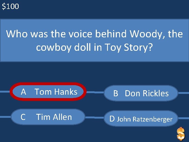 $100 Who was the voice behind Woody, the cowboy doll in Toy Story? A