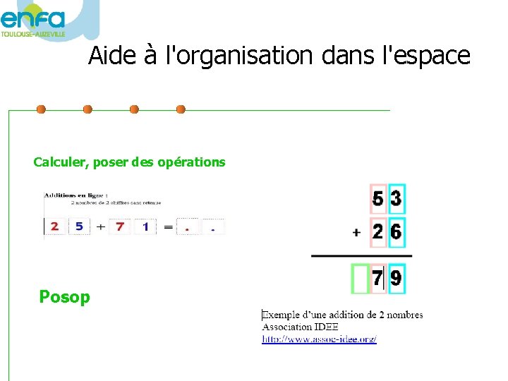 Aide à l'organisation dans l'espace Calculer, poser des opérations Posop 