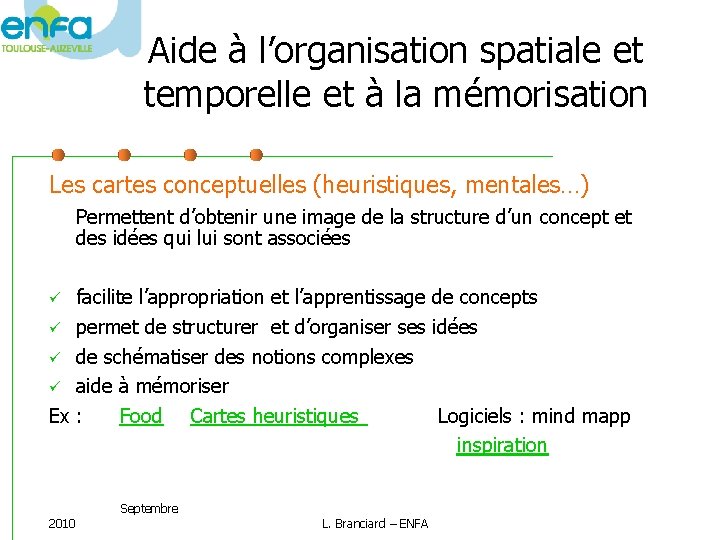 Aide à l’organisation spatiale et temporelle et à la mémorisation Les cartes conceptuelles (heuristiques,