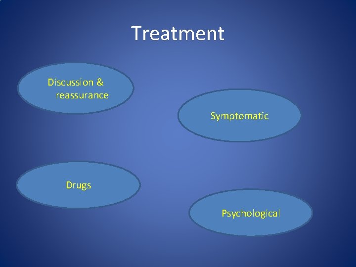 Treatment Discussion & reassurance Symptomatic Drugs Psychological 