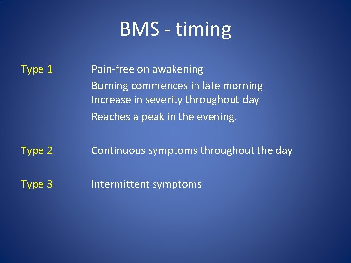 BMS - timing Type 1 Pain-free on awakening Burning commences in late morning Increase